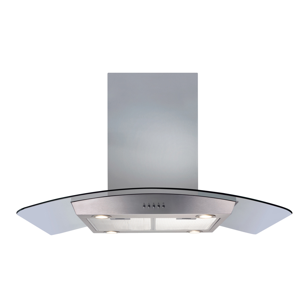 CDA - 90cm Curved Glass Island Extractor, Push Button Control, 3 Speeds, 4 x 2W LED Lights, Aluminiu
